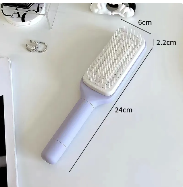 4 In 1 self-cleaning hair brush with anti-static bristles, rotating head, scalable handle, and scalp massage design