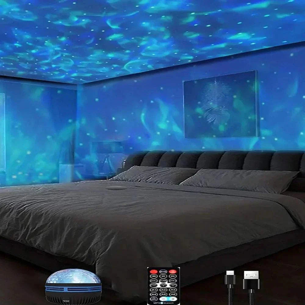 Galaxy Star Projector LED night light with ocean wave effects and 7-color star patterns for bedroom walls and ceiling