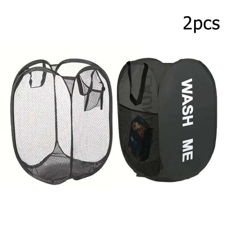 Mesh Pop-Up Laundry Basket Foldable Storage Set with breathable mesh sides, reinforced handles, and collapsible frame