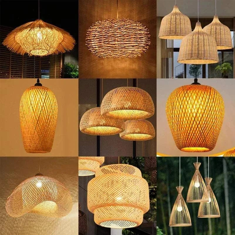 Bamboo Hanging Lamp handwoven rattan wicker ceiling pendant light with natural shade and open braided design