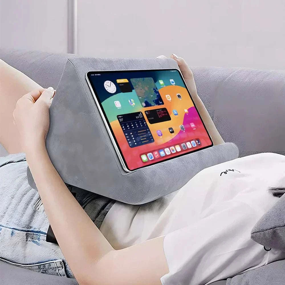 Multi-angle tablet pillow holder with soft cushion stand for hands-free reading, streaming, and phone or tablet support