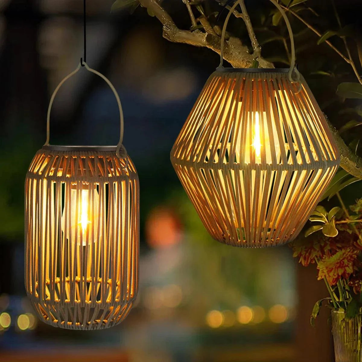 Solar Lantern Outdoor waterproof hanging boho light with woven shade for garden patio or balcony lighting